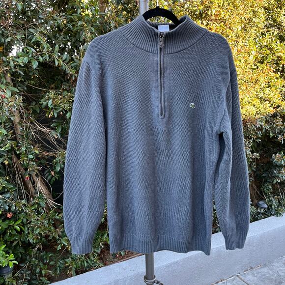 Lacoste Quarter Zip Gray Waffle Knit Pullover Sweater - Picture 2 of 8
